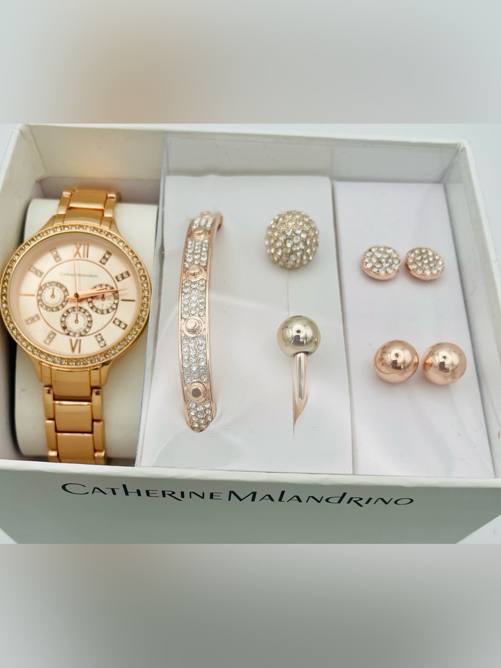 Catherine Malandrino Rose Gold Crystal Watch, 2 Bracelets, & 2 Stud Earrings Set